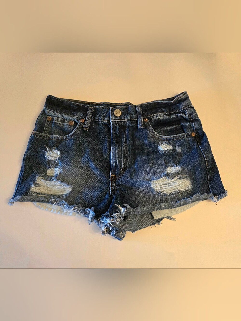 Aeropostale Aero Cheeky Shorts 4 Dark Blue Denim Factory Destroyed Cutoffs EUC